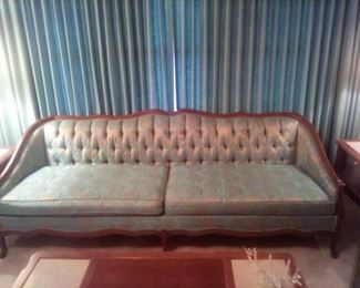 mid century turquoise/gold brocade sofa