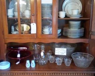 Maple china cabinet, china, punch bowls/cups, Westmoreland Ruby Red cake plate stand