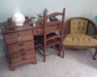Desk with drawers, chair; Gold mid century chair