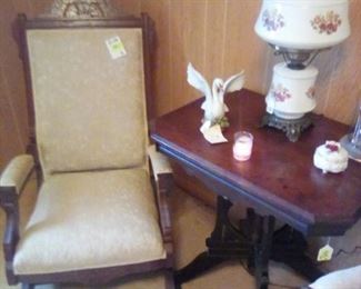 Antique chair, table, lamp, birds