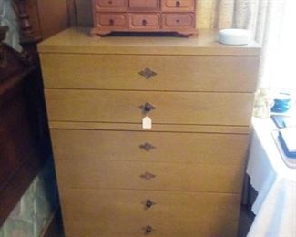 mid century blonde wood chest of drawers, jewelry box