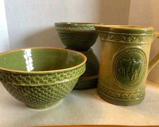 Green and yellow ware pottery bowls & pitchers