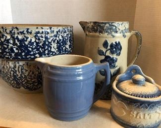 Blue pottery sponge ware bowls, salt crocks, pitchers, butter crocks