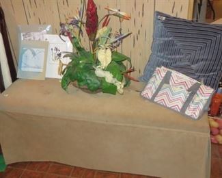 Bench, End Table, Blue Pillow