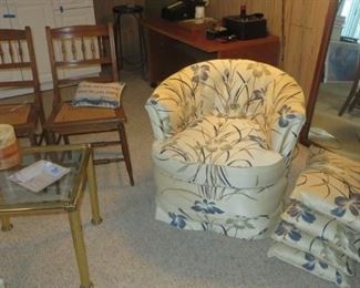Club Chair, Pillows, Brass/Glass End Table, Pair of Side Chairs