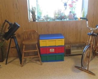 Child's Tubs, Youth Chair, Exercise Bike, Tasco Telescope, Planters & Glassware