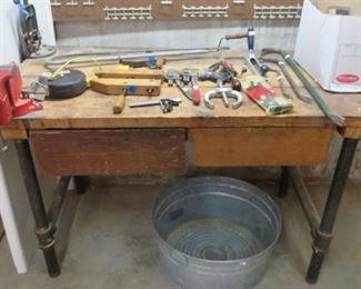 Work Bench with Vice, Small Tools, Bucket