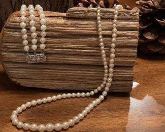 3 Strand Pearl Bracelet with 14K White Gold and Diamond Clasp and Pearl Strand Necklace