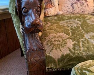 Antique Morris Chair and Ottoman with Hand Carved Dog Head Hand Rests