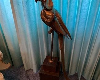 Hollywood Regency Large Brass Parrot on Perch Sculpture