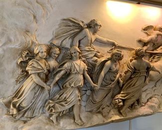 57 x 25 1/2" plaster classical wall relief of Aurora by CAPRONI, BOSTON, copyright 1901.  By Gigli, modeled after the fresco by Guido Reni.