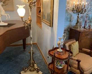 Hollywood Regency Figural Floor Lamp and French style 3 tier stand with Marquetry Inlay and Ormolu