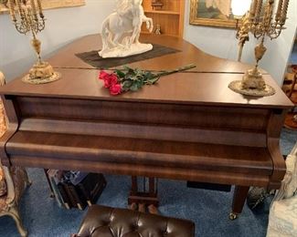 August Forster Grand Piano with Pianocorder and French Style Brass and Brown Onyx Candelabra