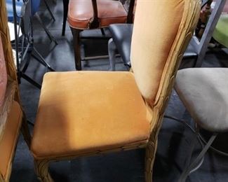 (2) Vintage Carved wood orange padded fabric dining side chairs