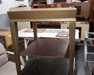 Vintage leather top wood table on wheels with undershelf