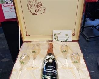 Vintage 1989 Perrier-Jouet Champagne gift set sealed bottle & 4 glasses
