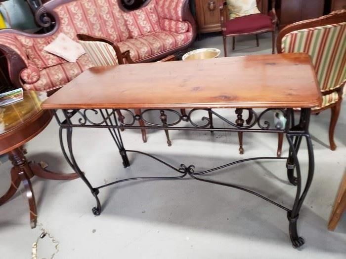 Solid Wood Top Wrought Iron frame sofa table 48.5"W x 19.75"D x 32.5"H