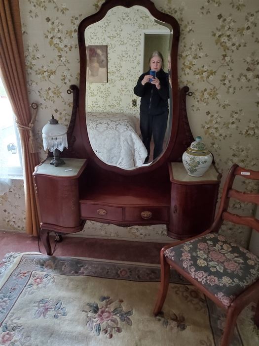  Antique dresser, chair, beautiful rug, lamp, jar