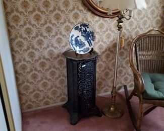 Antique heater, round mirror ( several oval & square mirrors available), wicker chair, decorative dish & antique lamp.