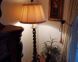 Lamp, oil painting, copper planter.