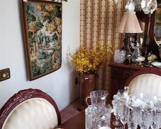 Dining room table with 4 chairs & 1 leaf.   All the crystal & china dishes, candle holders etc. 