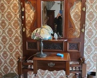 Antique hall tree, copper pots, handpainted milk can