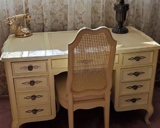 Antique desk, working antique like phone, lead glass lamp. ( there are several lead glass lamps available).