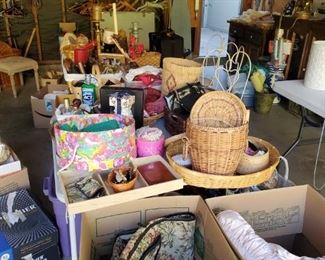 Baskets, luggage, foot stools, irons, pots, slow cooker, women's ski jacket, women's purses, scarfs.