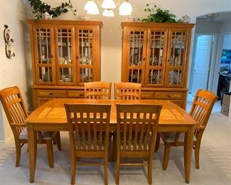 Solid Oak, American Made Dining Table, Six Chairs & China Hutches