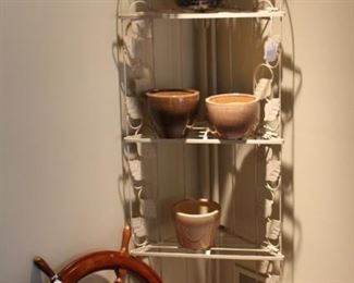 Folding corner shelves and clock.