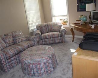 Love seat, over sized chair, ottoman and desk/table.  