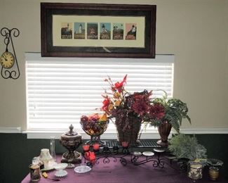 Home Decor: Iron clocks, candelabras, candle holders, floral displays, framed art 