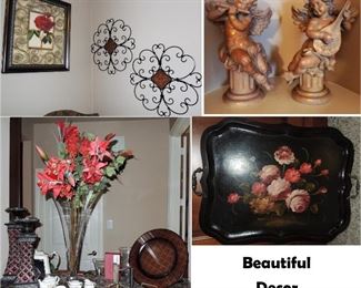 Cherubs, vases, floral displays, iron art, decorative plates, candle holders, trays