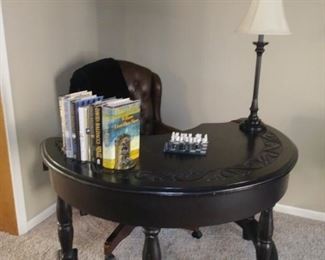 half moon desk, leather office chair