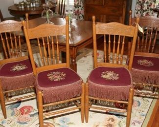 FOUR SPINDLE BACK CHAIRS, RUSH SEATS