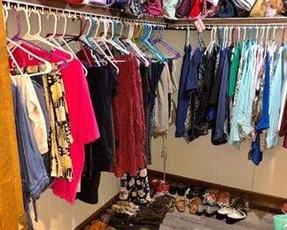 LOADS of clothes, shoes and purses! Clothes are in nice condition! Because of the volume of them, clothes are 50 cents each, jackets are $3, and Winter coats are $5. There are tons of purses! $5 each!