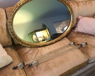OVAL MIRROR AND A PAIR OF HOLLYWOOD REGENCY GLASS TOWEL BARS/HANDLES W/LUCITE KNOBS
