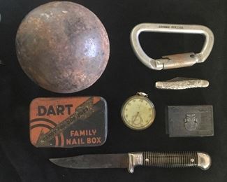 cannon ball, old knife, watch Mexican match book cover  and metal antler pocket knife, old British locking clip