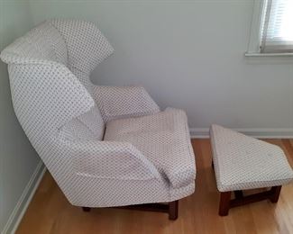 Edward Wormley for Dunbar. Janus wing chair and ottoman, circa 1957. Model 5761. Has been reupholstered. This item is available for pre-sale and is being advertised on other sites. Please contact for price. Local pickup only.