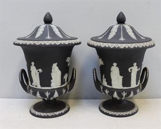 A Pair of Large Black Wedgwood Covered Urns