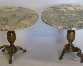 Pair Of Brass Andiron Base Marbletop Tables