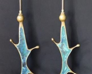 Pair Of Gilt Bronze And Enameled Free Form Lamps