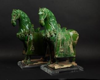 Pair of GreenGlazed Tang Style Horses