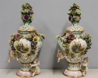 Pair Of Meissen Style Lidded Floral