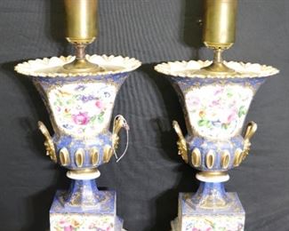 Pair Of Old Paris Porcelain Urns As Lamps