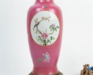 Pink Ground Incised Famille Rose Vase as a Lamp