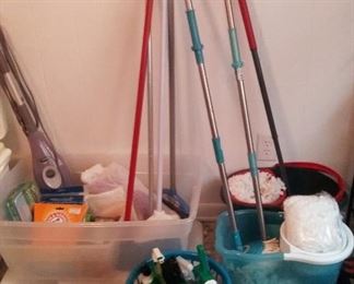 Mops with spinner buckets, vacuum cleaner bags, and groups of cleaning supplies