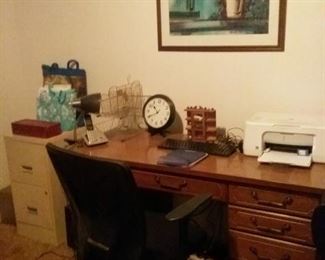 Large solid wood desk, printer with extra ink cartridge, metal file cabinet,  rolling desk chair.