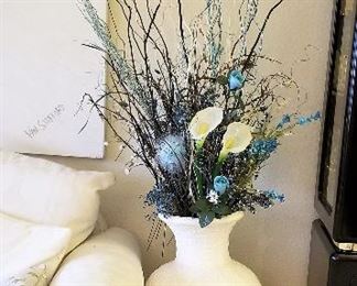Large white vase and blue flowers for sale