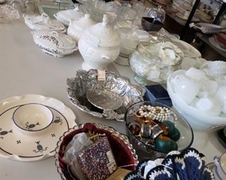 Soup tureens, hand crochet pot holders 